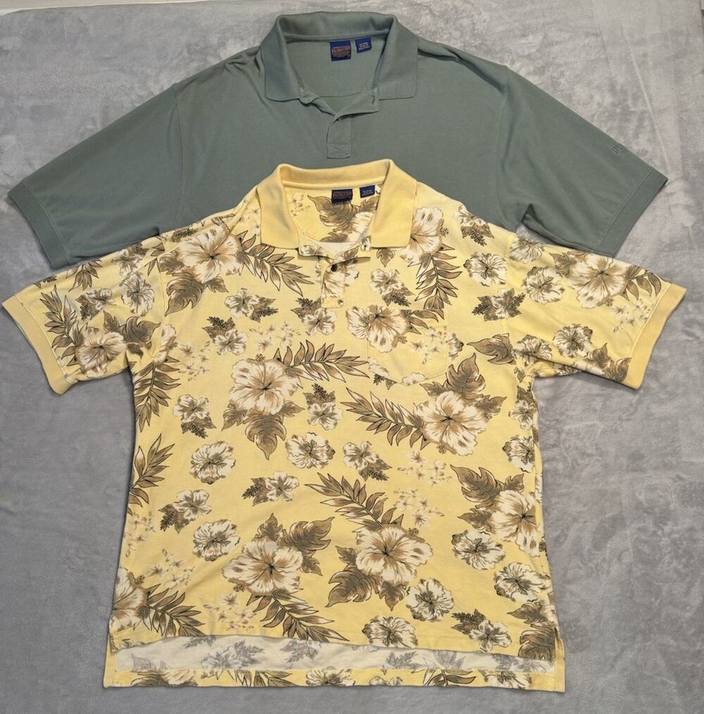 XL Lot Pendleton Polo Golf Shirts Hawaiian Floral Yellow Green Embroidered Logo